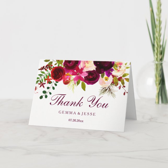 Burgundy Red Purple Floral Boho Wedding Thank You Card (Front)