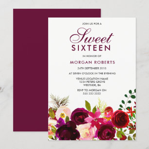 Burgundy Red Purple Flowers Floral Sweet 16 Invite