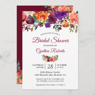 Burgundy Red Purple Orange Floral Bridal Shower Invitation