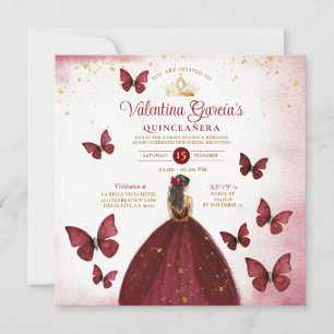 Burgundy Red Quinceañera 15 Anos Butterfly Gold Invitation