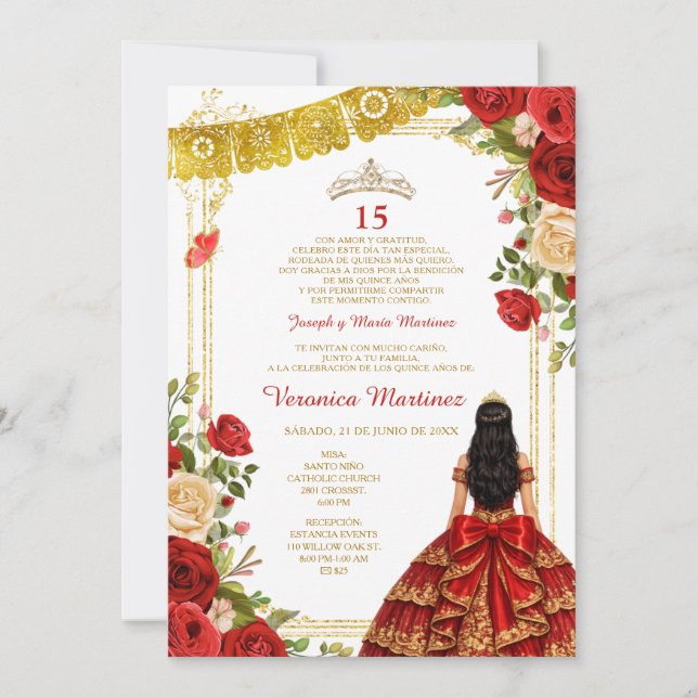 Burgundy Red Quinceañera 15 Anos Mis Quince Crown Invitation (Front)