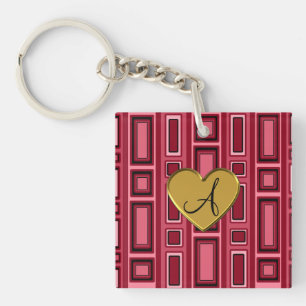 Burgundy red Retro squares monogram Key Ring