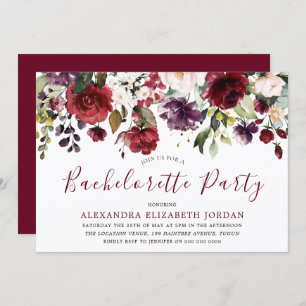 Burgundy Red Romantic Flowers Bachelorette Party Invitation
