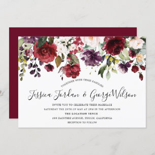 Burgundy Red Romantic Watercolor Flowers Wedding Invitation
