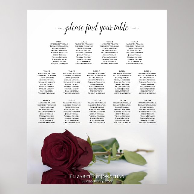 Burgundy Red Rose 14 Table Wedding Seating Chart (Front)