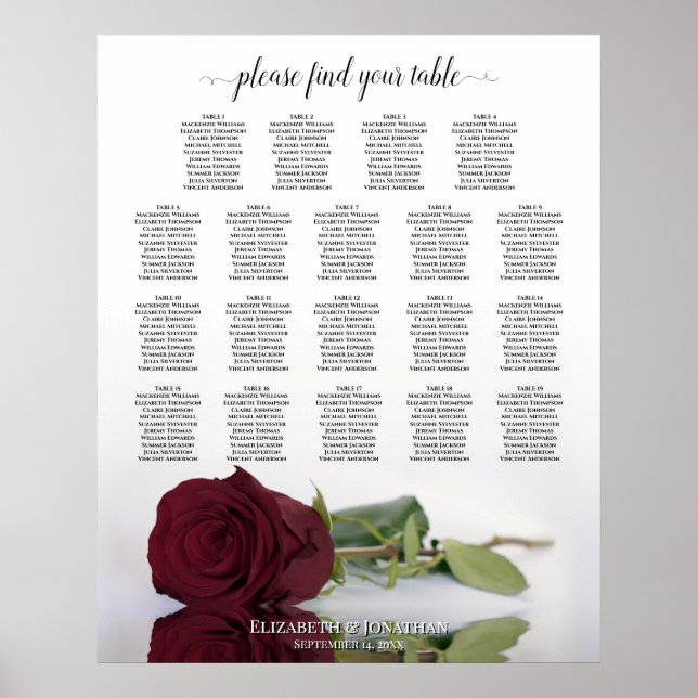 Burgundy Red Rose 19 Table Wedding Seating Chart (Front)