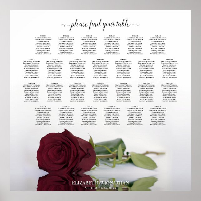 Burgundy Red Rose 26 Table Wedding Seating Chart (Front)