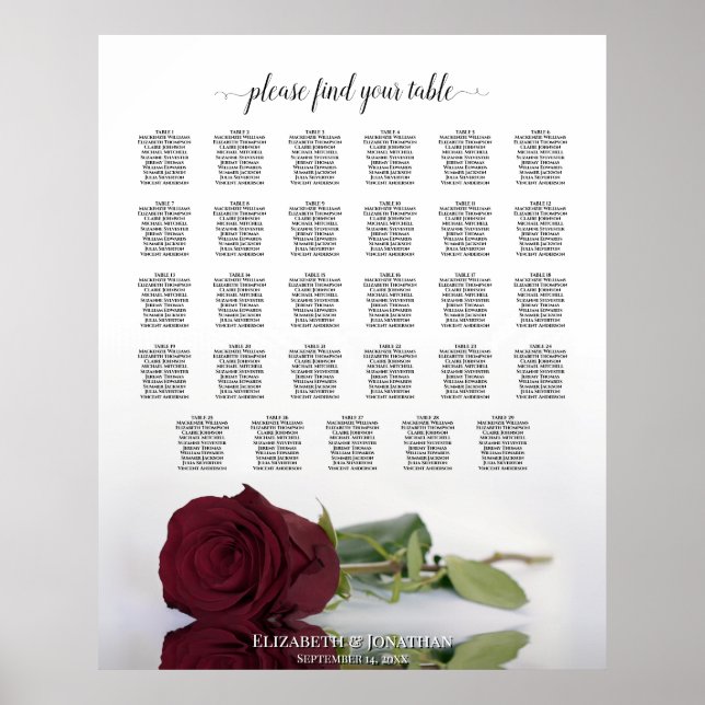 Burgundy Red Rose 29 Table Wedding Seating Chart (Front)