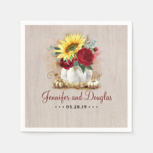 Burgundy Red Rose and Sunflower Pumpkin Vase Fall Napkin