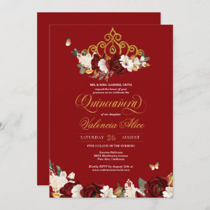 Burgundy Red Rose Butterfly Quinceanera Gold Tiara Invitation