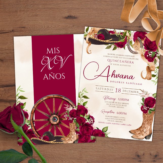 Burgundy Red Rose Charro Western Quinceanera Invitation (Creator Uploaded)