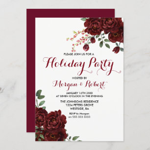 Burgundy Red Rose Floral Holiday Party Invite