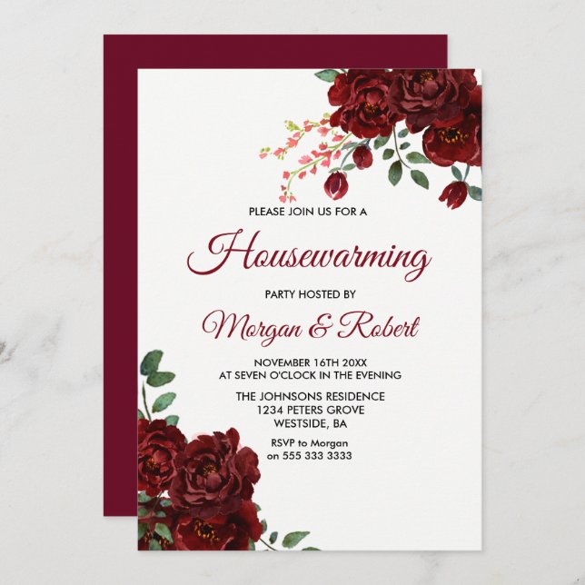 Burgundy Red Rose Floral Housewarming Party Invite (Front/Back)