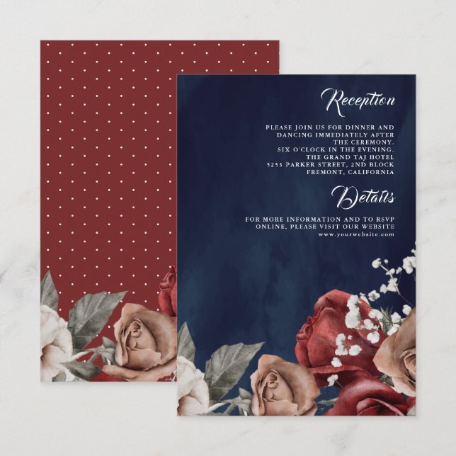 Burgundy Red Rose Floral Navy Blue Wedding Details Enclosure Card (Front/Back)