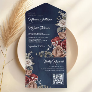 Burgundy Red Rose Floral QR Code Navy Blue Wedding All In One Invitation