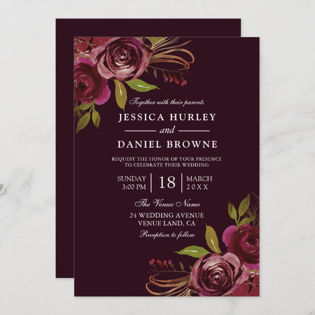 Burgundy Red Rose Floral Spring Autumn Wedding Invitation (Front/Back)