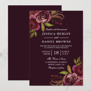 Burgundy Red Rose Floral Spring Autumn Wedding Invitation