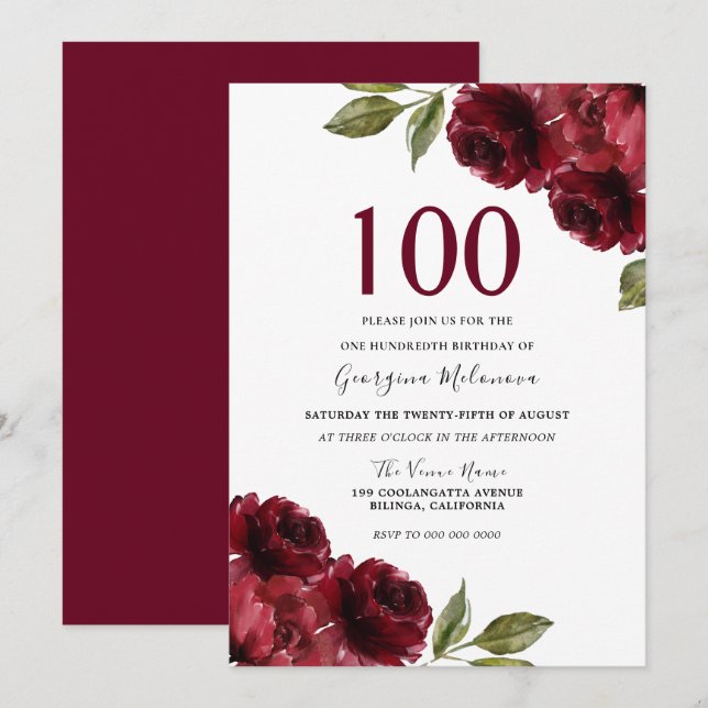 Burgundy Red Rose Floral Womans 100th Birthday Invitation (Front/Back)