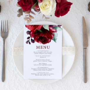 Burgundy Red Rose Flowers Wedding Menu