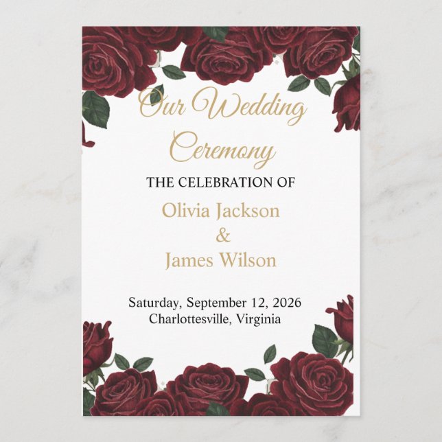 Burgundy Red Rose Gold Script Moody Dark Romance  Program (Front)