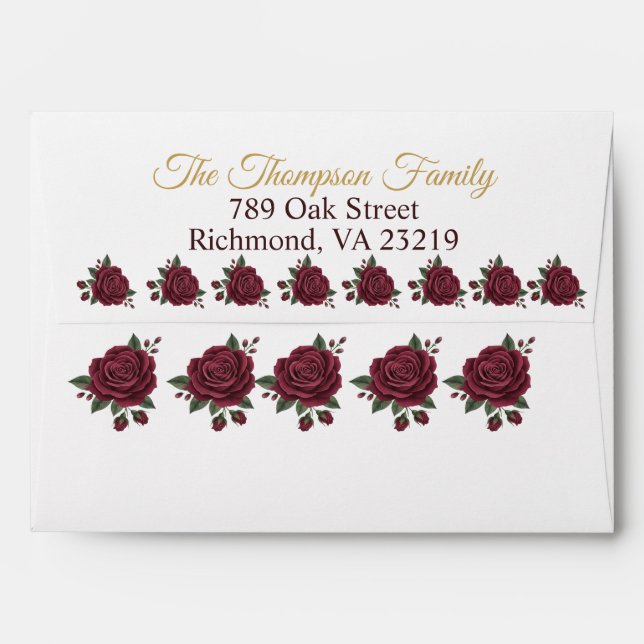 Burgundy Red Rose Gold Script Wedding Address Envelope (Back (Top Flap))