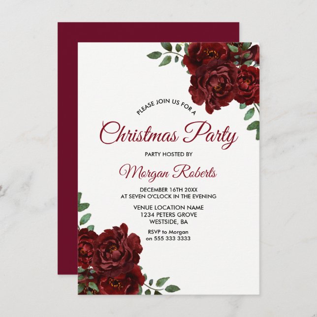 Burgundy Red Rose Office Family Christmas Party Invitation (Front/Back)