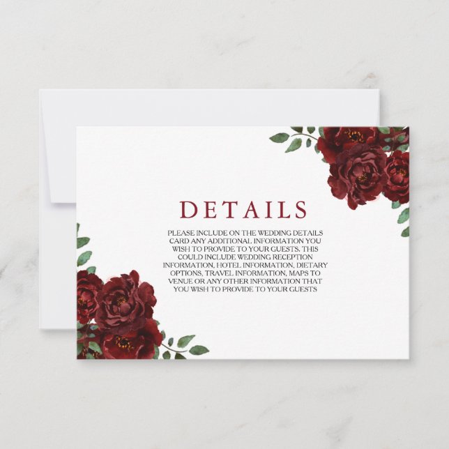 Burgundy Red Rose Romantic Wedding Enclosure Card (Front)