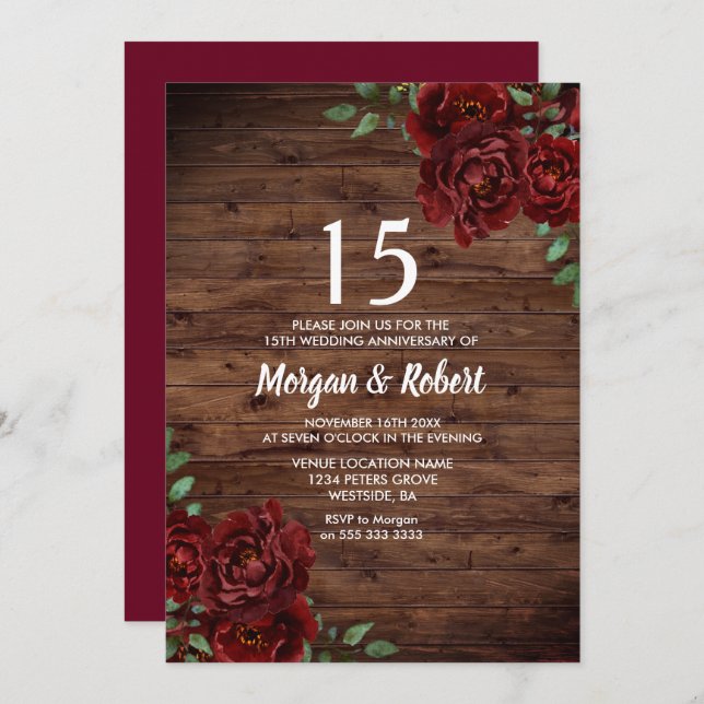 Burgundy Red Rose Rustic 15th Wedding Anniversary Invitation (Front/Back)