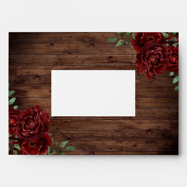 Burgundy Red Rose Rustic Wood Invitation Envelope (Front)