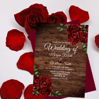 Burgundy Red Rose Rustic Wood Wedding Invitation