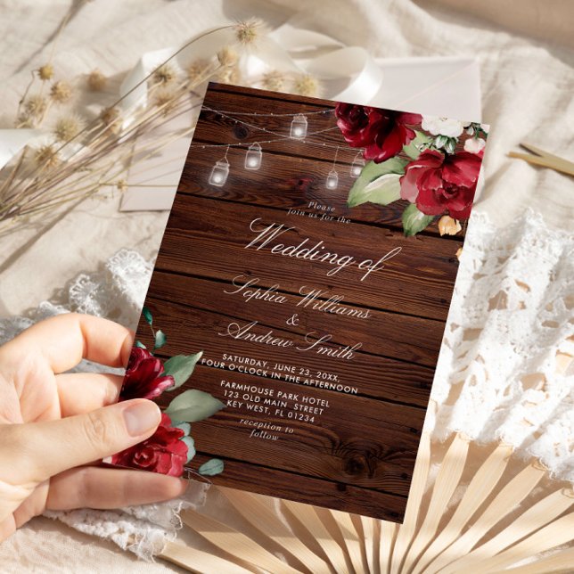 Burgundy Red Rose Rustic Wood Wedding Invitation (Creator Uploaded)