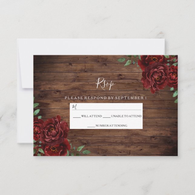 Burgundy Red Rose Rustic Wood Wedding RSVP (Front)