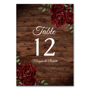 Burgundy Red Rose Rustic Wood Wedding Table Number