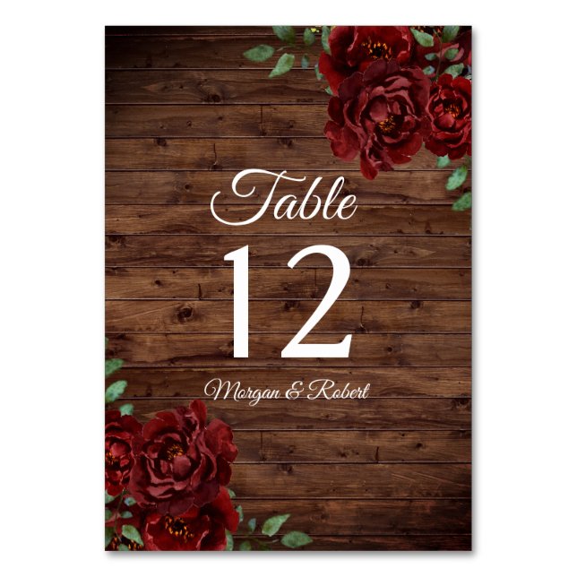 Burgundy Red Rose Rustic Wood Wedding Table Number (Front)