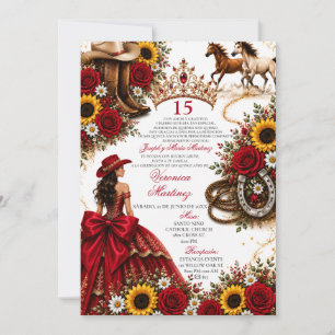 Burgundy Red Rose Sunflower Vaquera Quinceañera Invitation