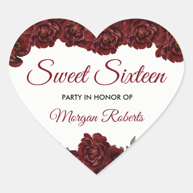 Burgundy Red Rose Sweet 16 16th Birthday Party Heart Sticker (Front)