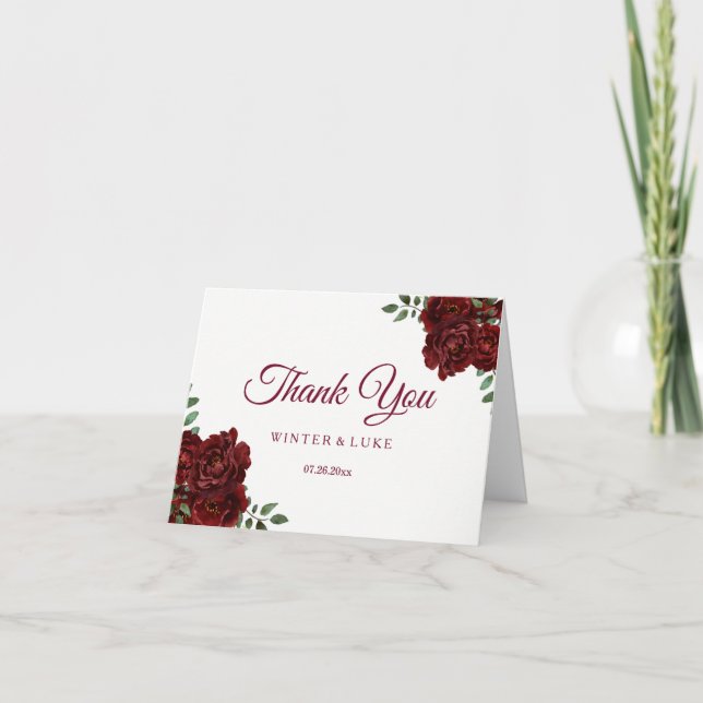 Burgundy Red Rose Wedding or Quinceanera Thank You Card (Front)