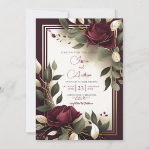 Burgundy Red RoseFloral Faux Gold Luxury Wedding  Invitation