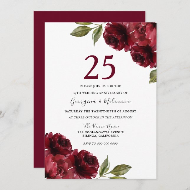 Burgundy Red Roses 25th Wedding Anniversary Invitation (Front/Back)