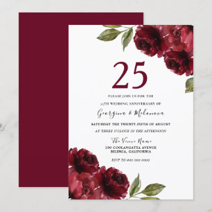 Burgundy Red Roses 25th Wedding Anniversary Invitation