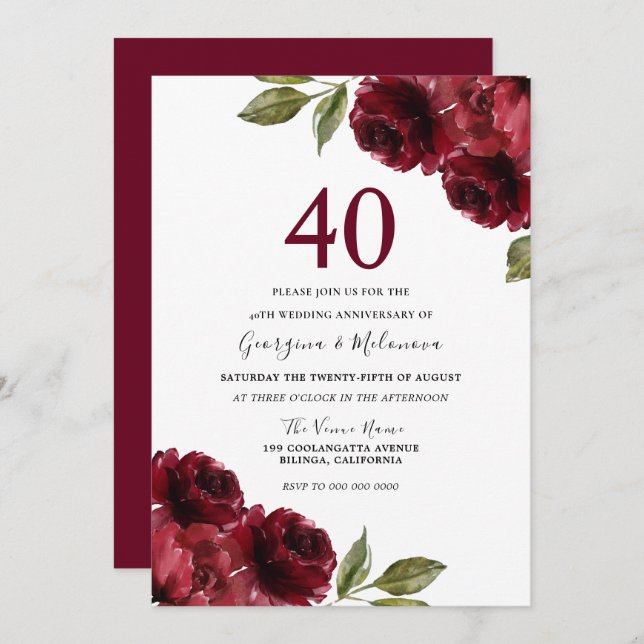 Burgundy Red Roses 40th Wedding Anniversary Invitation (Front/Back)