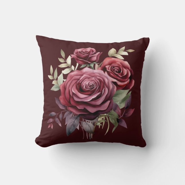 Burgundy Red Roses Classic Floral  Cushion (Front)