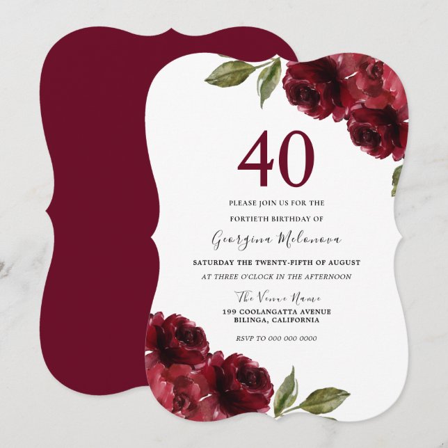 Burgundy Red Roses Elegant 40th Birthday Party Invitation (Front/Back)