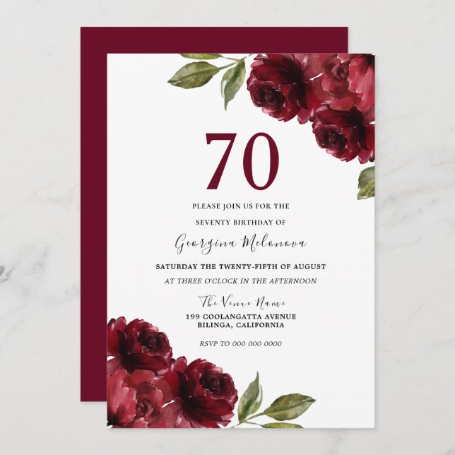 Burgundy Red Roses Elegant 70th Birthday Party Invitation (Front/Back)