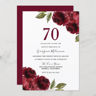 Burgundy Red Roses Elegant 70th Birthday Party Invitation