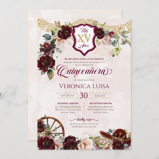 Burgundy Red Roses Elegant Charro Quinceanera Invitation (Front/Back)
