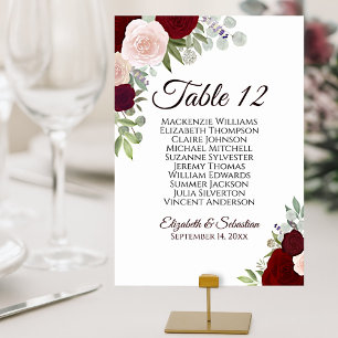 Burgundy & Red Roses Elegant Wedding Seating Chart Table Number