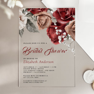 Burgundy Red Roses Floral Bridal Shower Acrylic Invitations