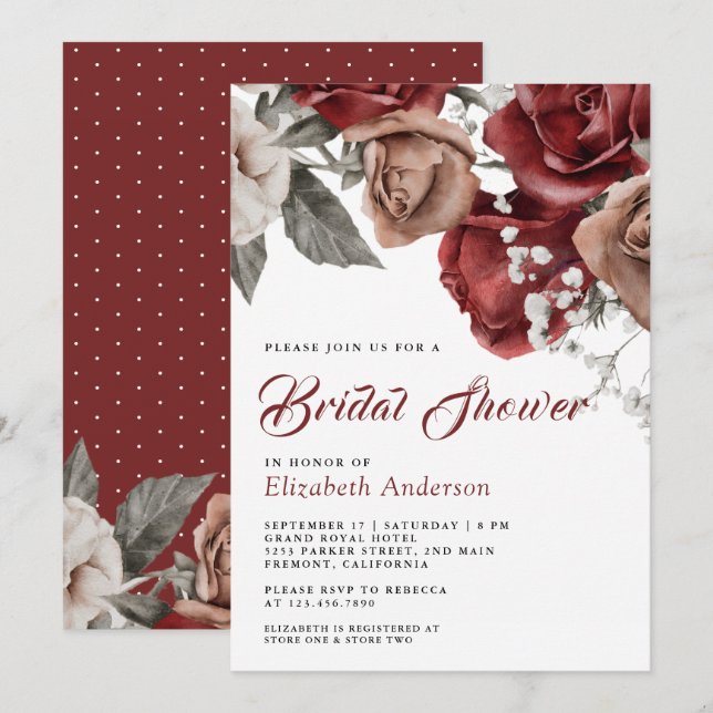Burgundy Red Roses Floral Bridal Shower Invitation (Front/Back)
