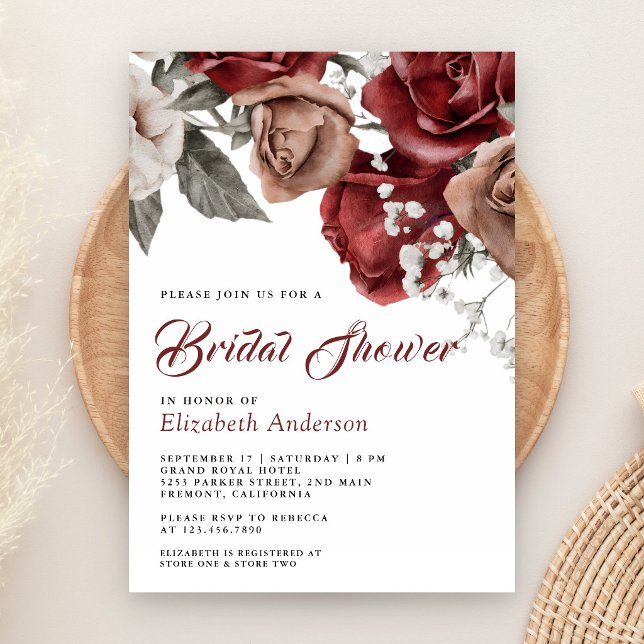 Burgundy Red Roses Floral Bridal Shower Invitation (Creator Uploaded)